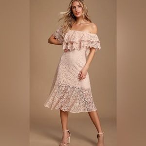 *NEW* Lulus Blush Pink Lace Off-the-Shoulder Midi Dress